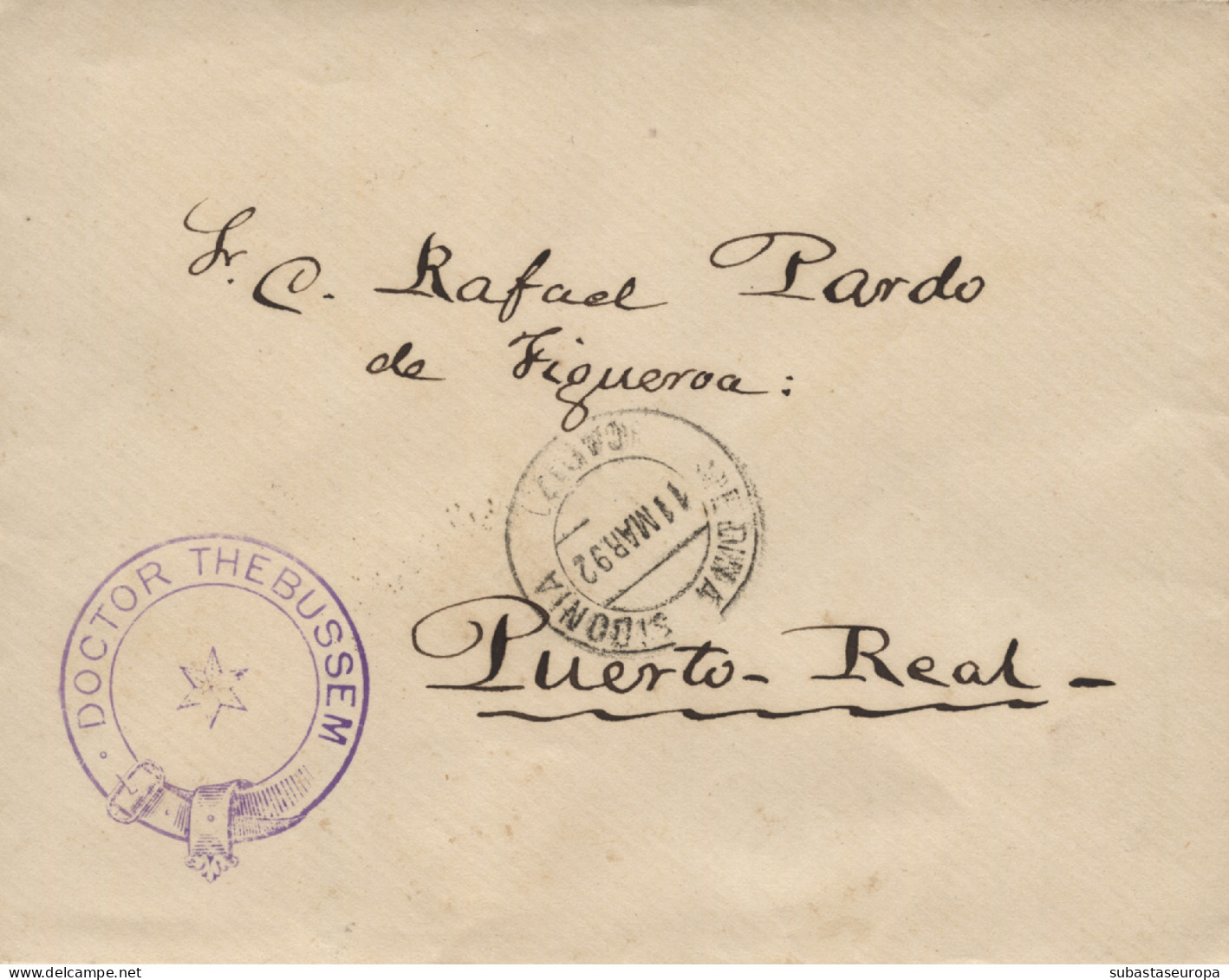 11/3/1892. Carta Franquicia 6 Remitida Por Dr. Thebussem, De Medina De Sidonia A Puerto Real. Llegada Al Dorso. - Franchise Postale