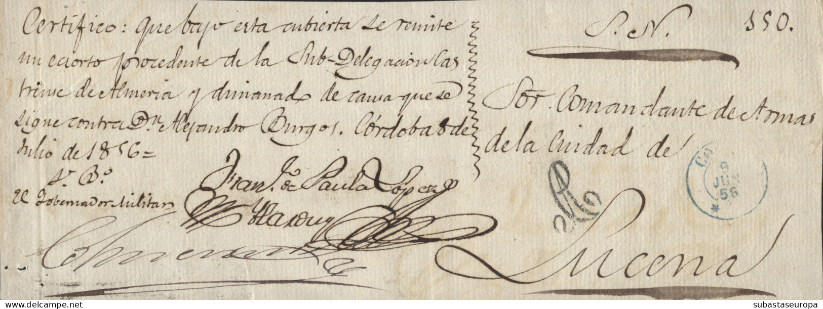 D.P. 24. 1856. Frontal De Plica Con Marca Nº 14N De Córdoba. Fecha Inédita. Rarísima. - ...-1850 Voorfilatelie