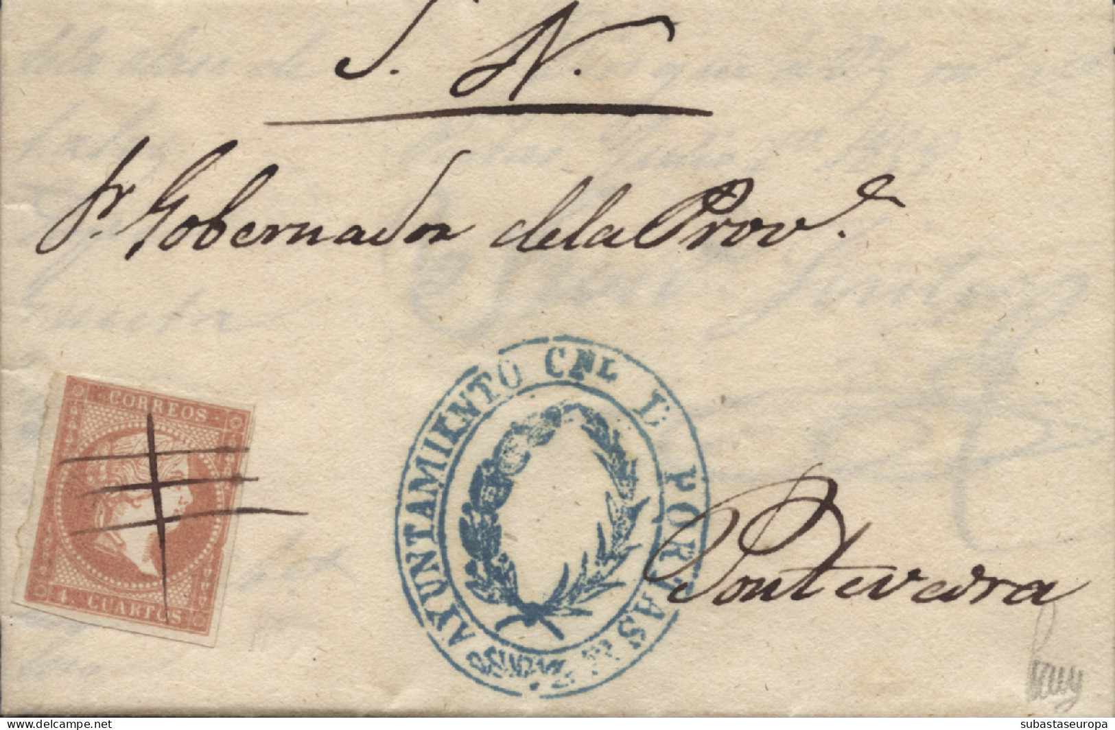 Ø 48 En Carta De Portas A Pontevedra, El 1/7/1858. Sello Anulado A Pluma. Marca Del Ayuntamiento. Rara. Ex Colección Gra - Covers & Documents