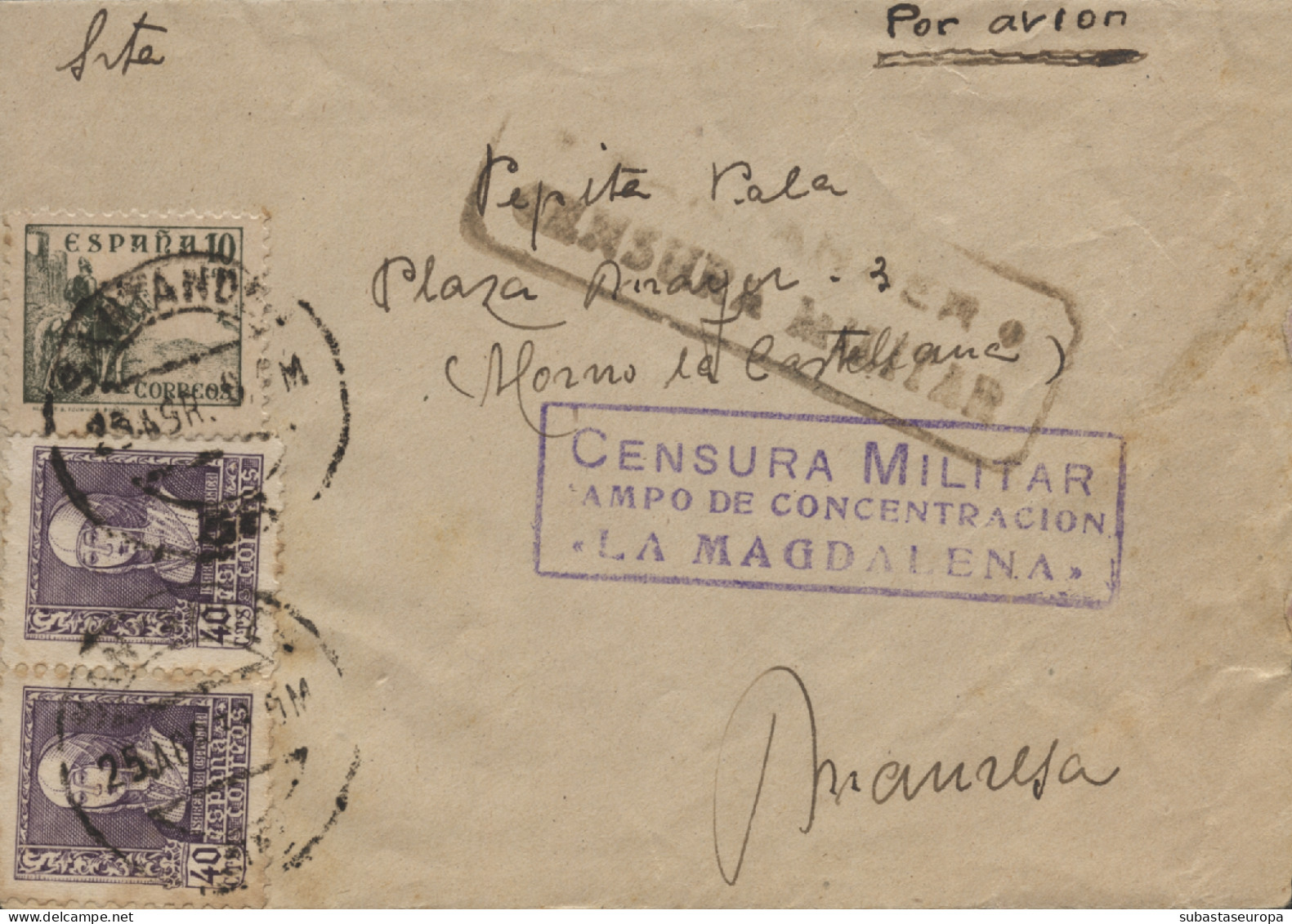 Carta Circulada Del Campo De Concentración De La Magdalena (Santander) A Manresa, El 25/4/39. Incluye Texto. Marca De Ce - Bolli Di Censura Repubblicana