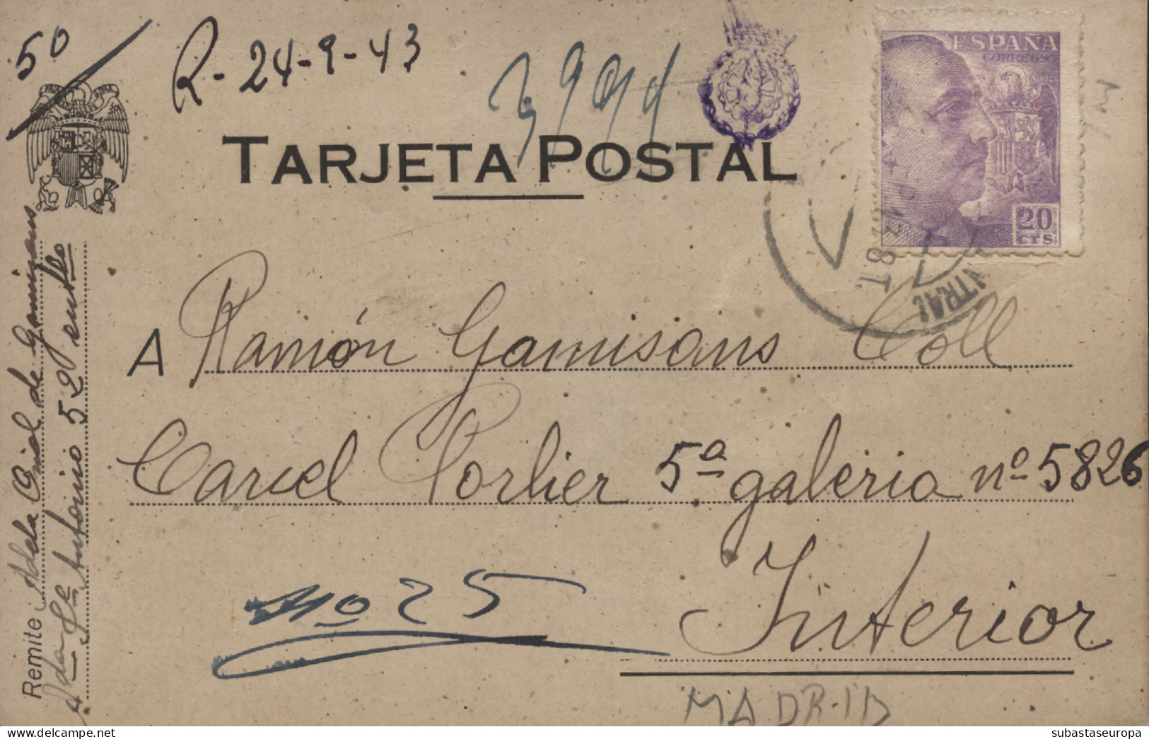 Tarjeta Dirigida A La Cárcel Polier De Madrid, El Año 1943. - Marques De Censures Républicaines