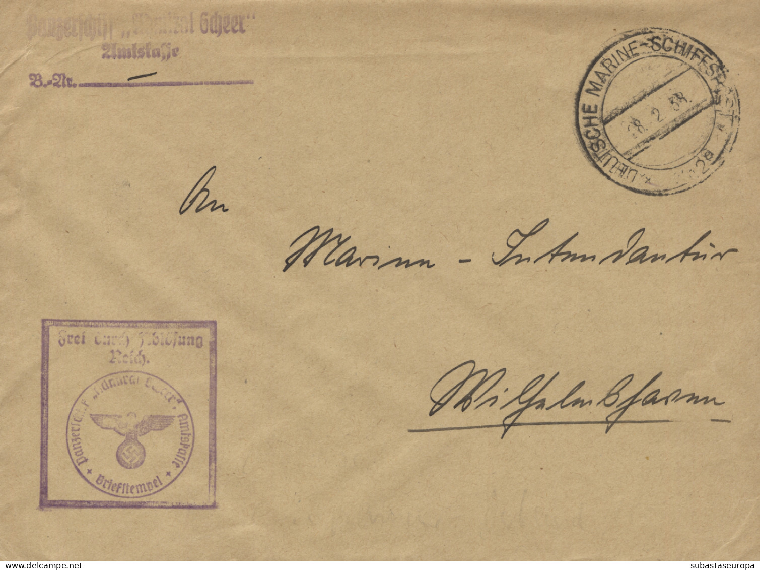 Carta Circulada Con Marca Panzerschiff Admiral Graf Spee De La Marina Alemana, El 22/2/38. Fuerzas Alemanas Que Lucharon - Bolli Di Censura Nazionalista