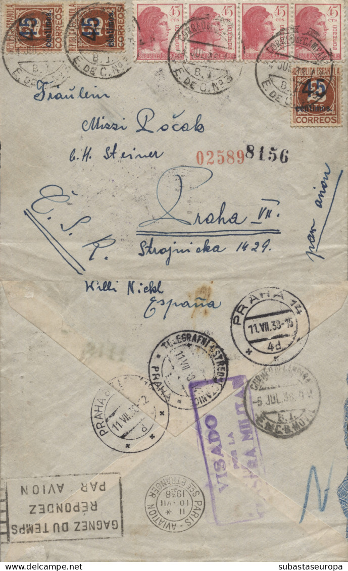 Preciosa Carta Certificada Circulada Del Frente A Checoslovaquia, El 4/7/38. Matasellos Correo De Campaña - B.I. - E. De - Marques De Censures Républicaines