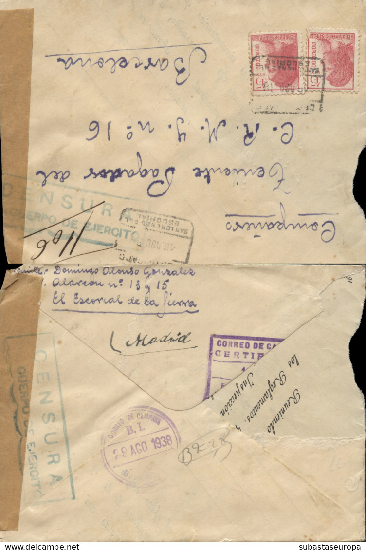 Carta Certificada Circulada Desde El Frente De Madrid A Barcelona, El 15/8/38. Diversas Marcas Propias De Las Brigadas I - Republicans Censor Marks