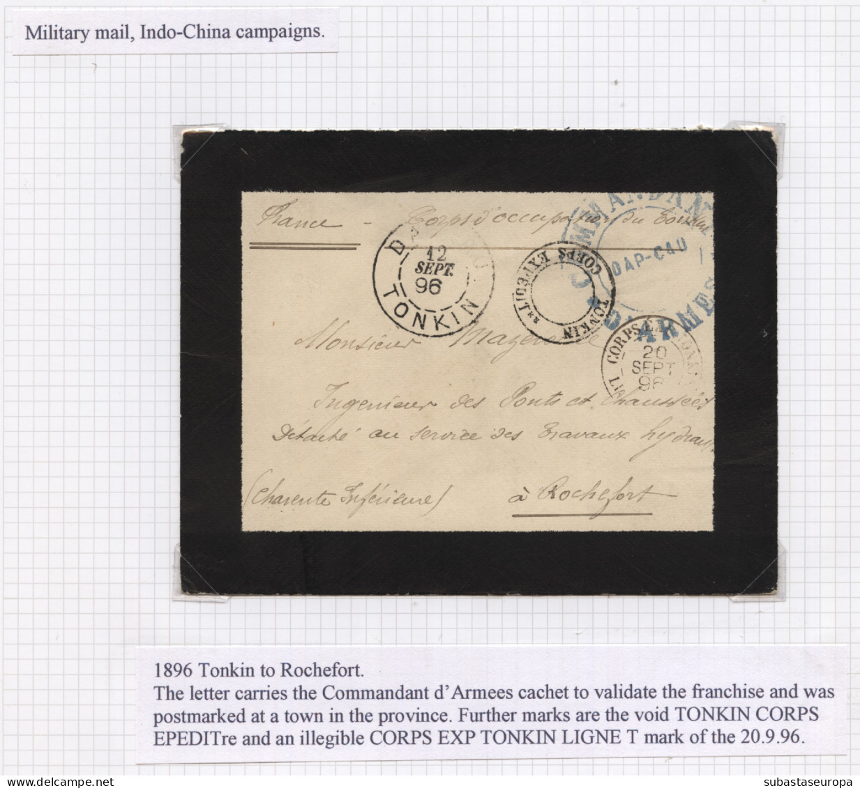 INDOCHINA. Campaña 1896/1901. 6 Cartas Montadas En Hojas De Exposición, Textos En Inglés. Muy Interesante E Inusual Conj - Lettres & Documents