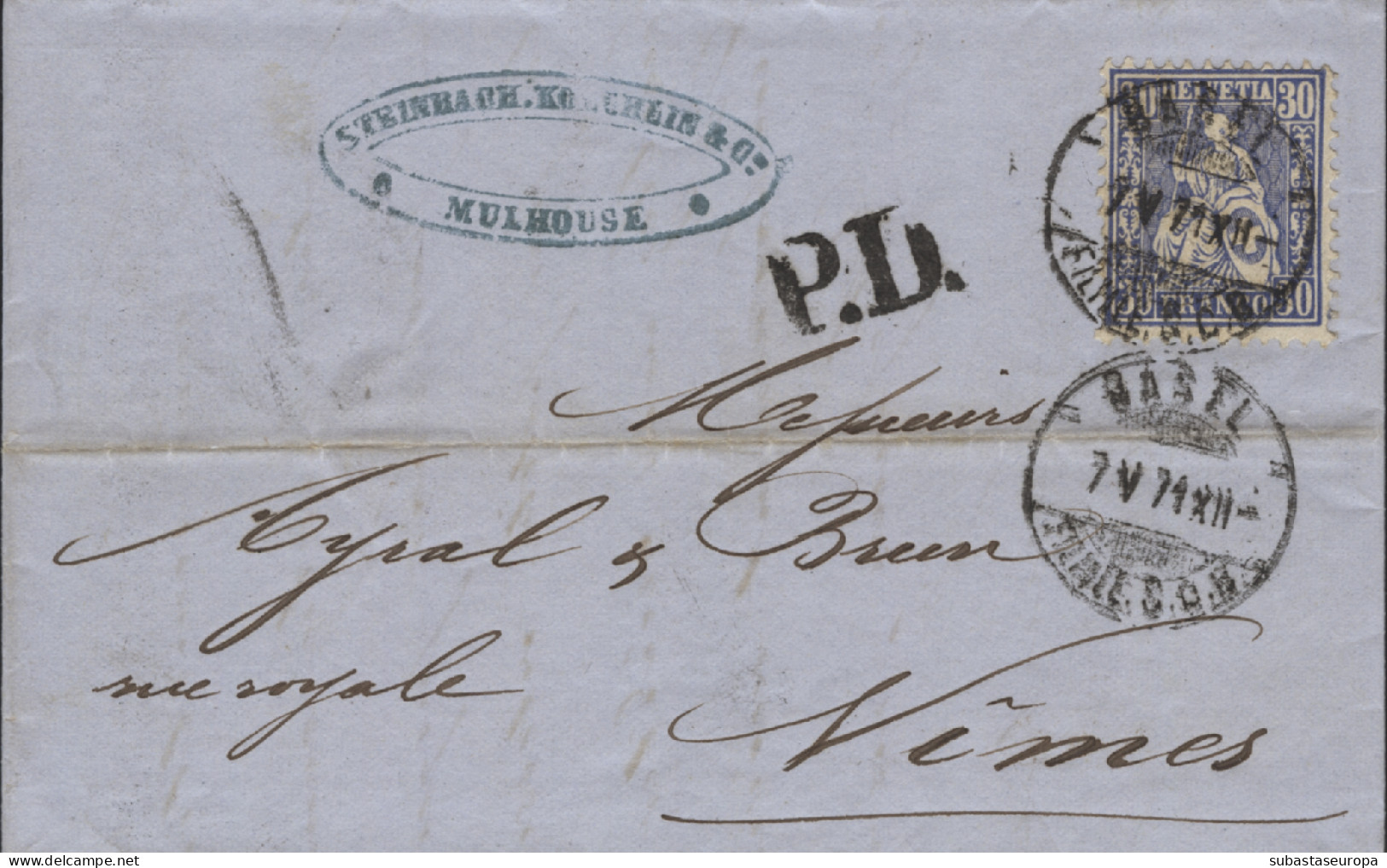 SUIZA. 1871. Carta De Mulhouse (Francia) A Nimes. Con Sello Suizo Nº 46. Debido A La Guerra Franco-Prusiana, Mulhouse Es - Storia Postale