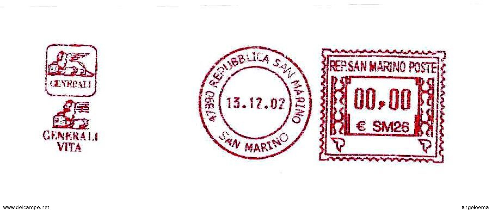 SAN MARINO - 2002 GENERALI Assicurazioni (leone S. Marco) - Ema Affranc.rossa Red Meter Su Busta Non Viaggiata - 1917 - Briefe U. Dokumente