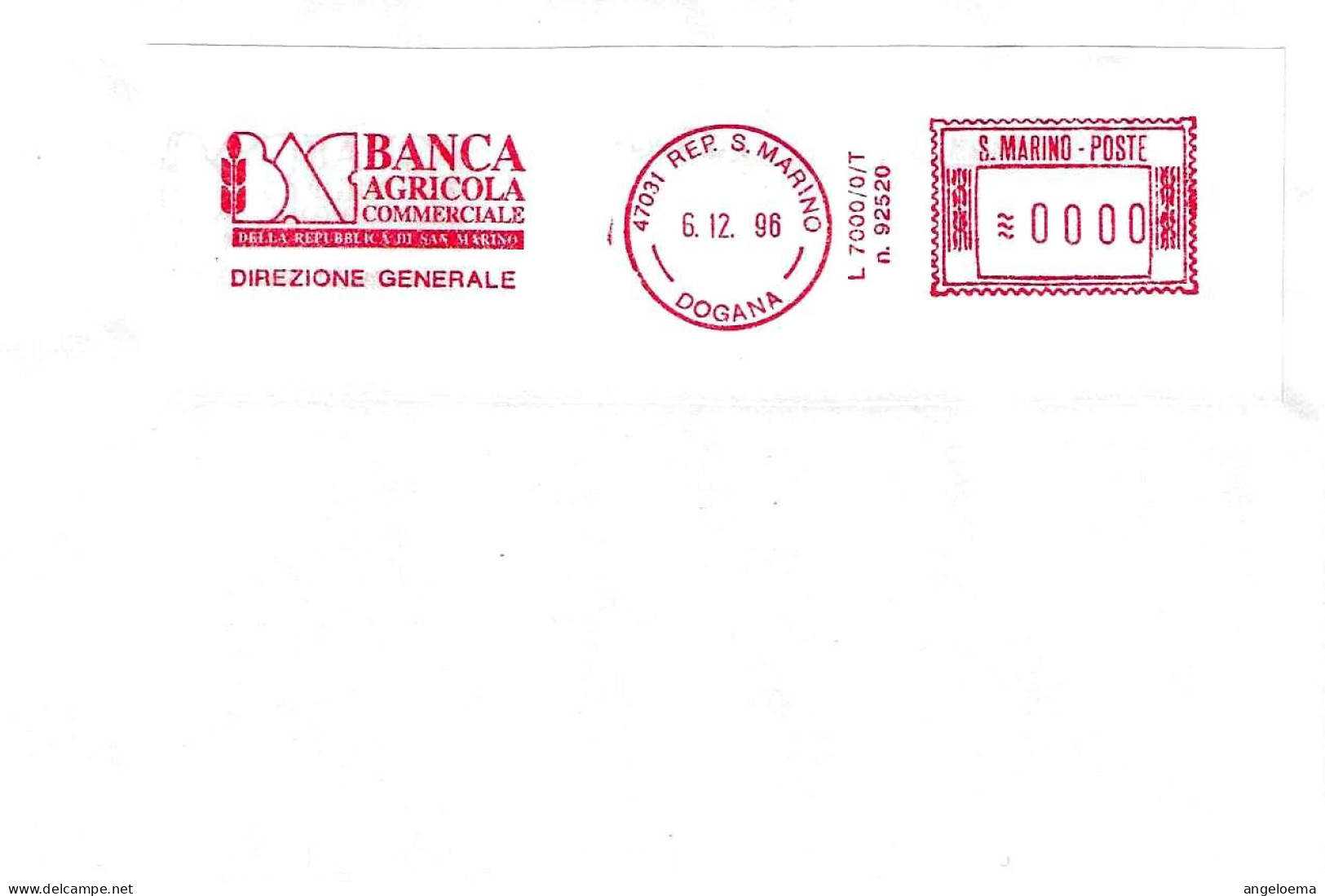 SAN MARINO - 1996 BANCA AGRICOLA COMMERCIALE - Ema Affrancatura Mecc.rossa Red Meter Su Busta Non Viaggiata - 1955 - Covers & Documents