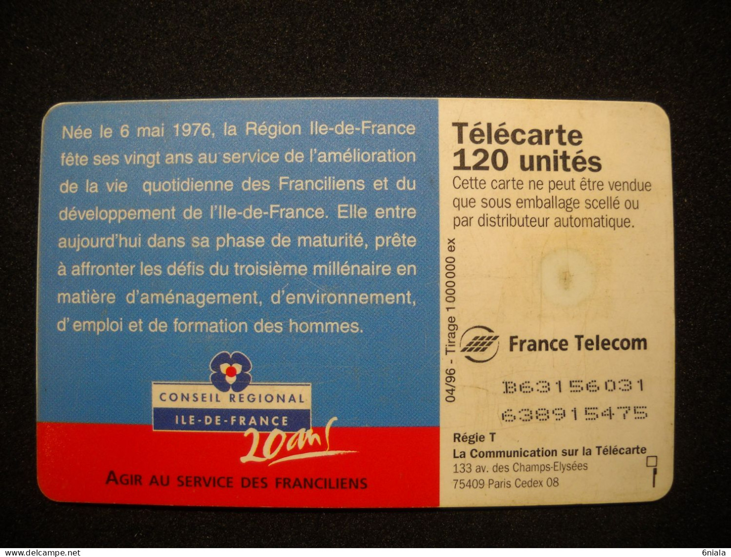 7689 Télécarte Collection 20 ANS CONSEIL REGIONAL  ILE DE FRANCE 120U   ( 2.scans)  Carte Téléphonique - Ontwikkeling