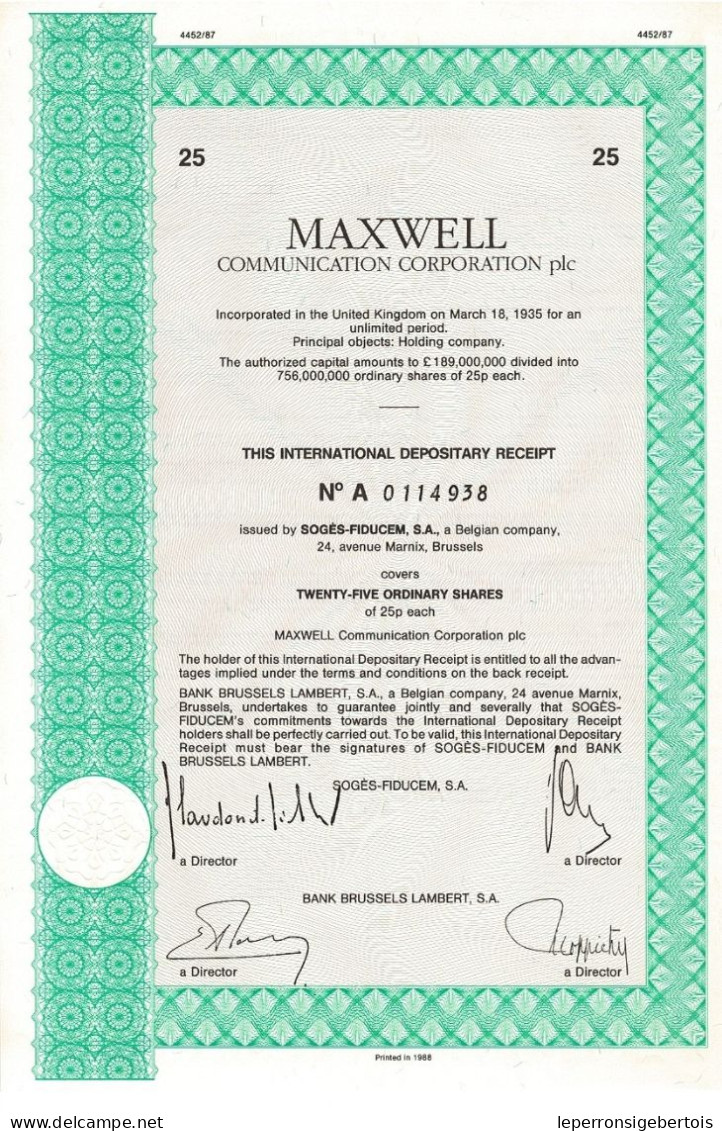 - Titre De 1988 - Maxwell Communication Corporation Plc - - Erdöl