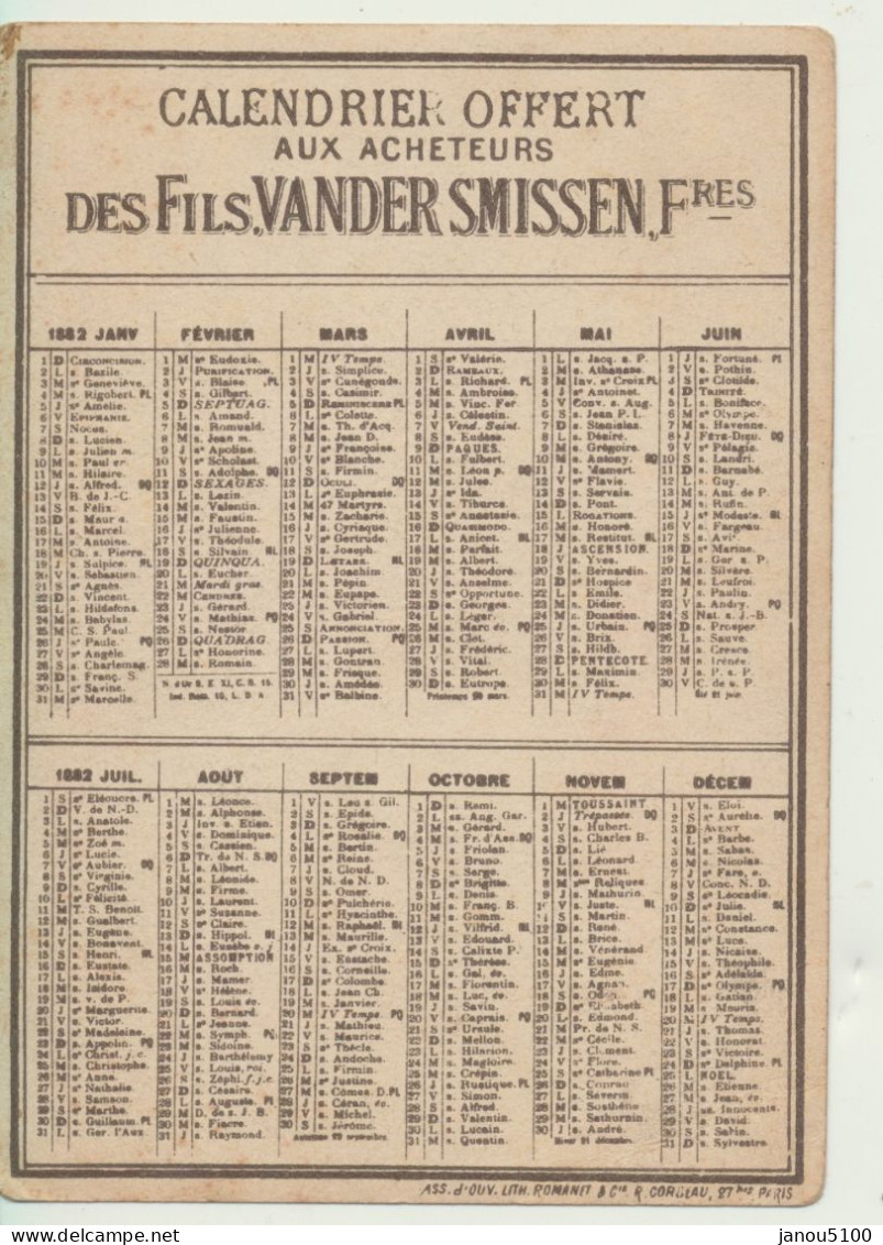 VIEUX PAPIERS    CALENDRIER   ( PETIT )   " DES FILS   VANDERSMISSEN, FRERES   "        1882. - Klein Formaat: ...-1900