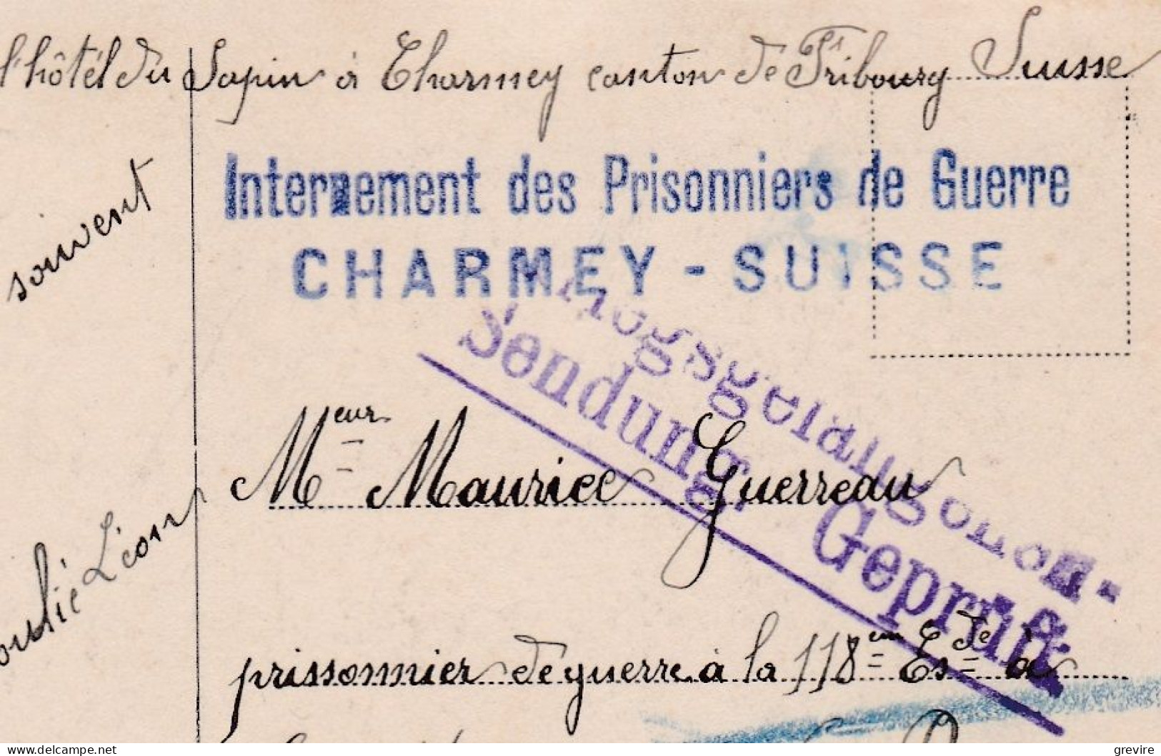 Charmey, Hôtel Du Sapin, Internement Des Prisonniers De Guerre CHARMEY, Censure De Constance - Charmey