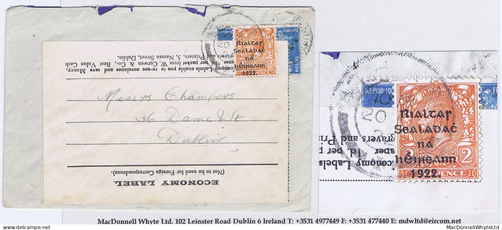 Ireland 1922 Thom Rialtas 5-line Black On 2d, Used On War Economy Label Cover ATHLONE 20 FE 22 To Dublin - Brieven En Documenten