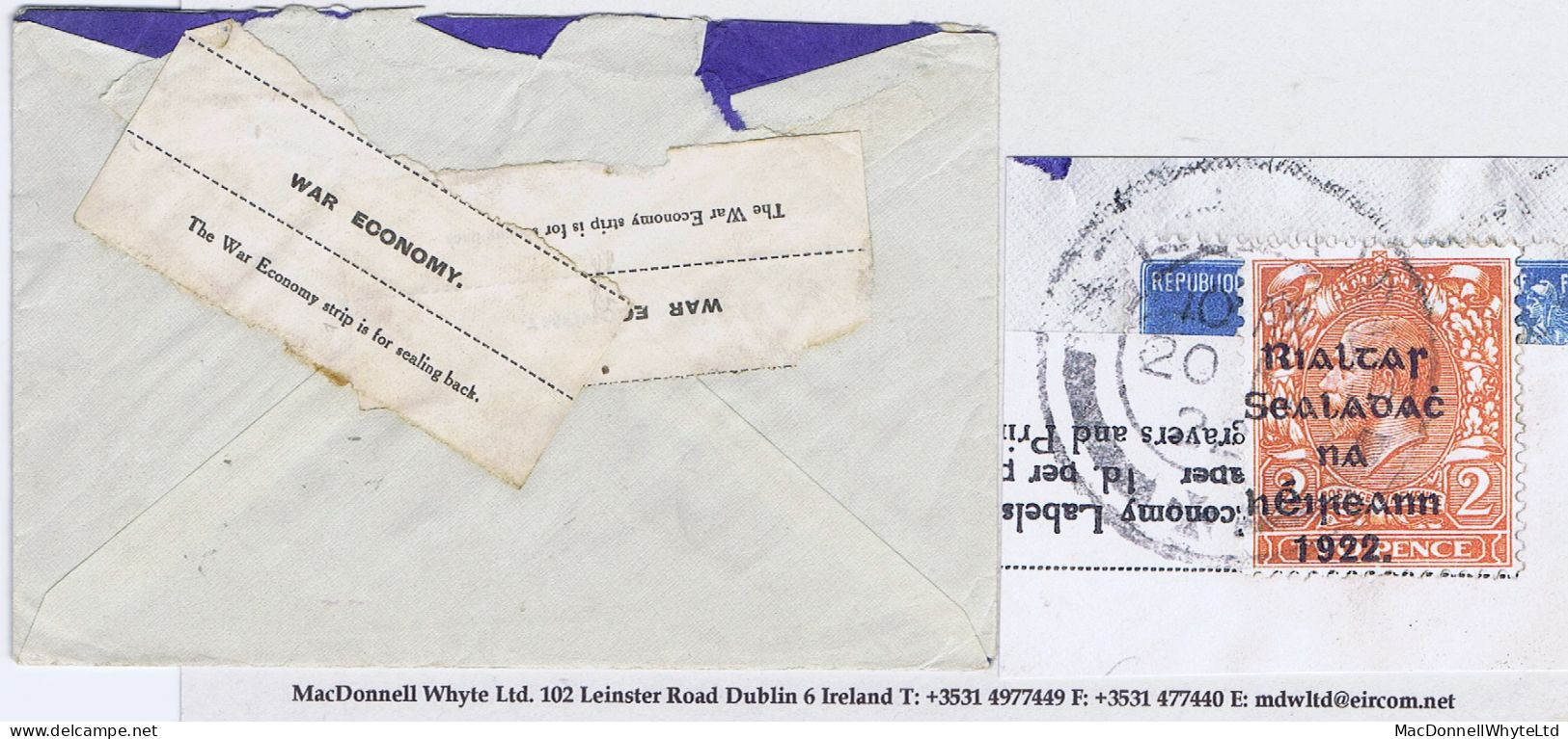 Ireland 1922 Thom Rialtas 5-line Black On 2d, Used On War Economy Label Cover ATHLONE 20 FE 22 To Dublin - Brieven En Documenten