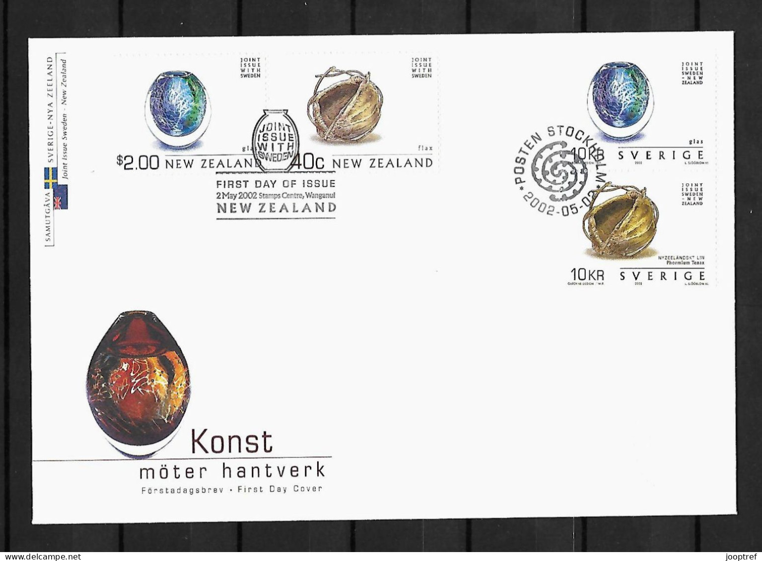 2002 Joint Sweden And New Zealand, OFFICIAL MIXED FDC 2+2 STAMPS: Art Meets Craft - Emissions Communes