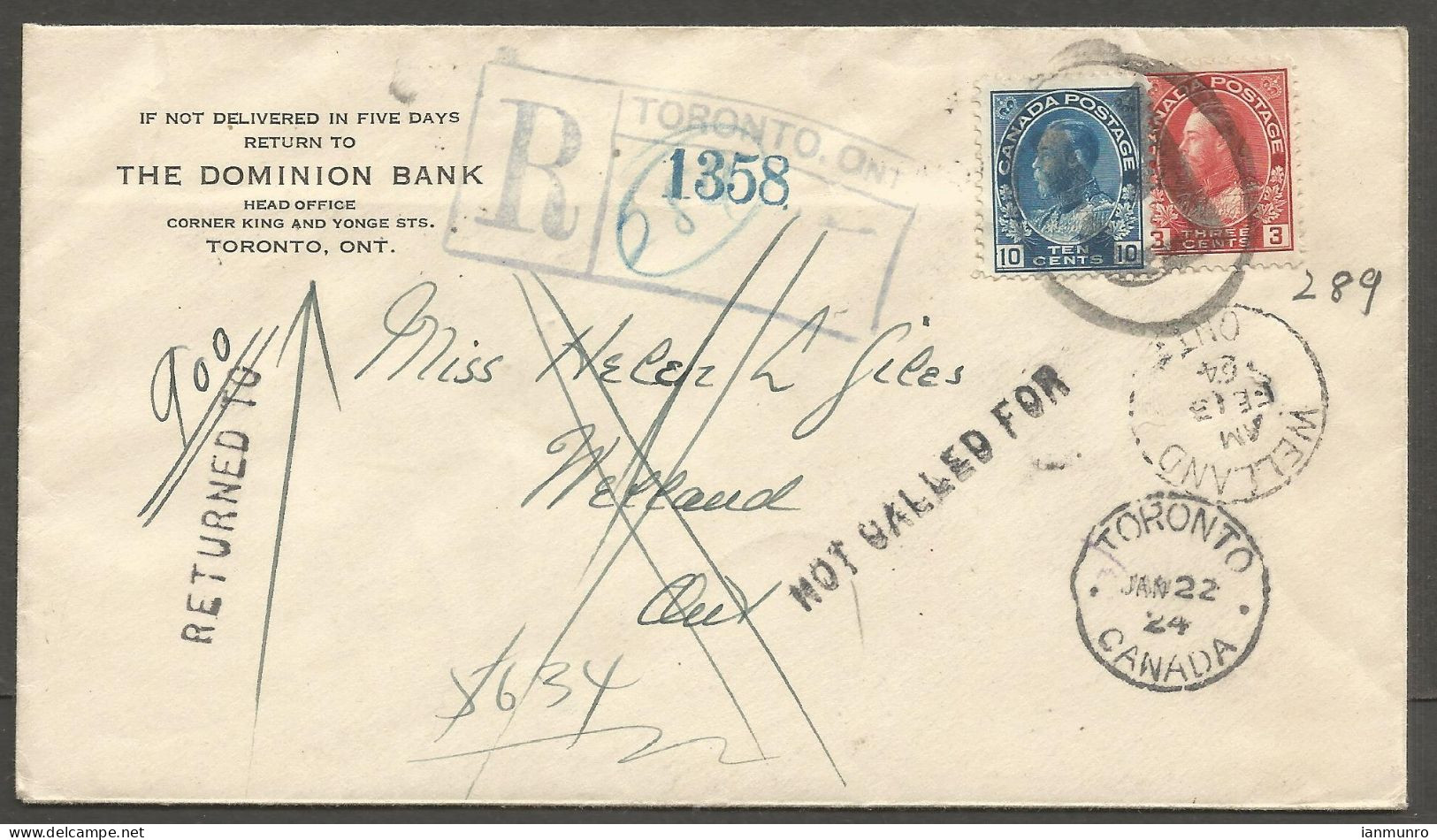 1924 Bank Registered Cover 13c Admirals CDS Toronto Ontario To Welland Returned - Histoire Postale