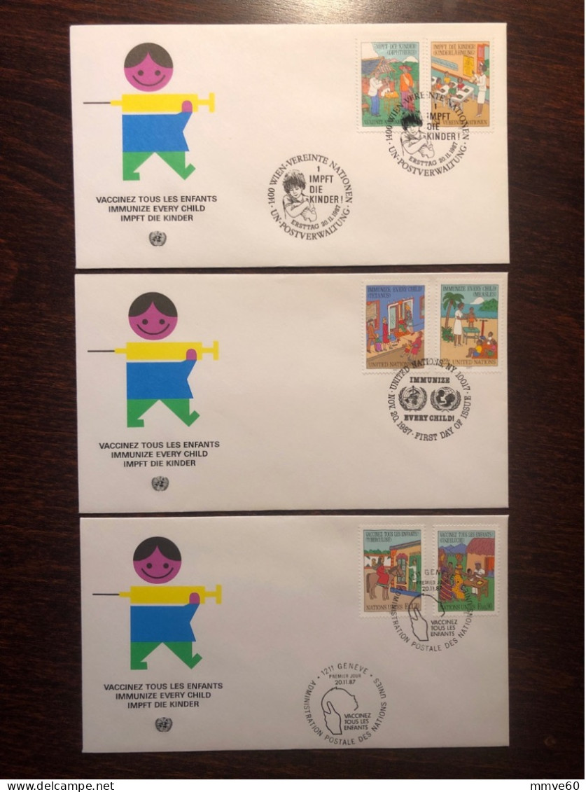 UNITED NATIONS UN UNO NY GENEVA VIENNA FDC COVER 1987 YEAR VACCINATION IMMUNIZATION HEALTH MEDICINE - Emisiones Comunes New York/Ginebra/Vienna