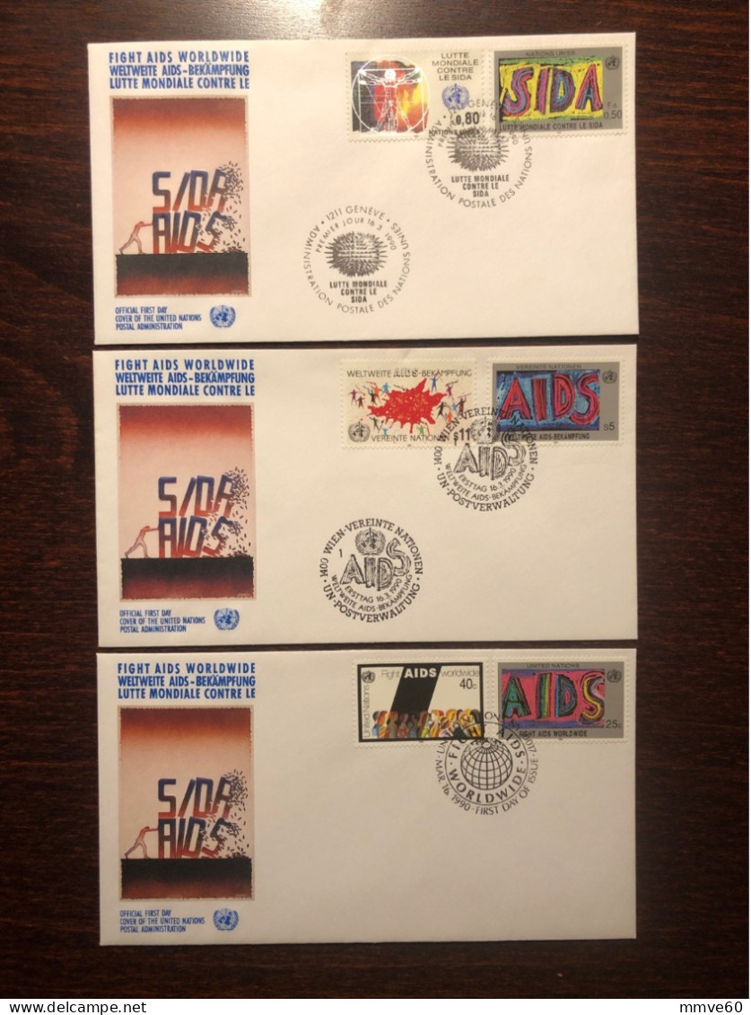 UNITED NATIONS UN UNO NY GENEVA VIENNA FDC COVER 1990 YEAR AIDS SIDA HEALTH MEDICINE - Emisiones Comunes New York/Ginebra/Vienna