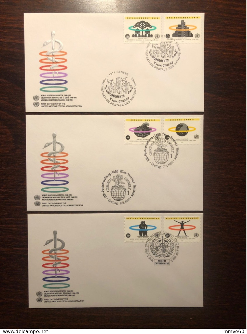 UNITED NATIONS UN UNO NY GENEVA VIENNA FDC COVER 1993 YEAR HEALTHY ENVIRONMENT HEALTH MEDICINE - Emisiones Comunes New York/Ginebra/Vienna