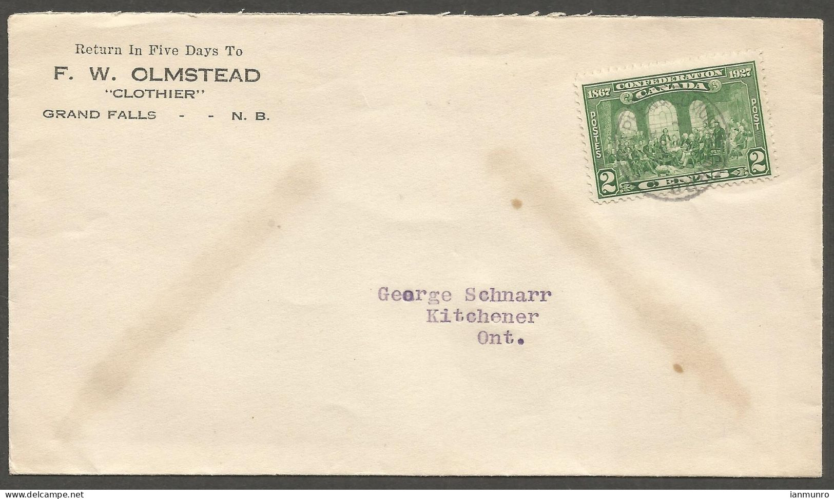 1920's Olmstead Clothier CC Cover 2c RPO St Stephen & Edmonston Grand Falls New Brunswick - Postgeschichte