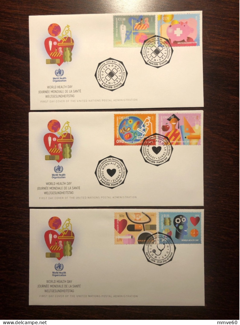 UNITED NATIONS UN UNO NY GENEVA VIENNA FDC COVER 2018 YEAR WHO WHD HEART MEDICAL HEALTH MEDICINE STAMPS - New York/Geneva/Vienna Joint Issues