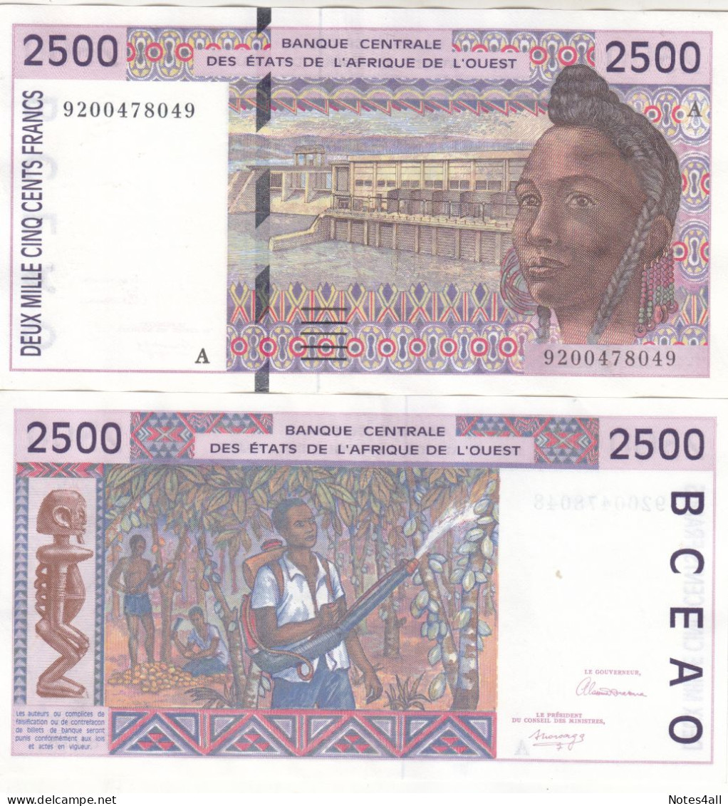 WEST AFRICAN STATES COTE D`IVOIRE 2500 FRANCS 1992 P112A AU/UNC - Côte D'Ivoire