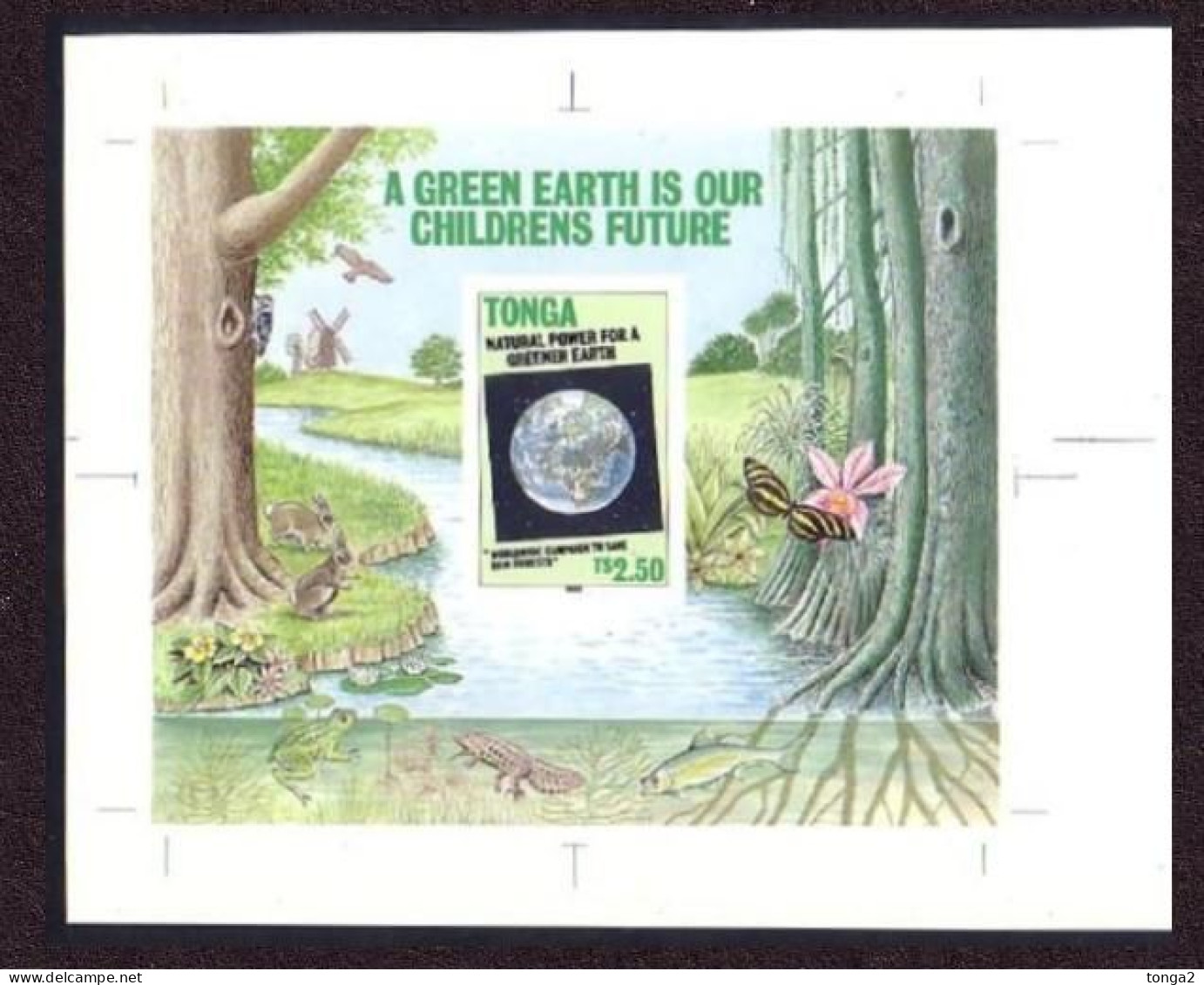 TONGA 1990 Large Cromalin Proof - Green Earth - Frog Butterfly Windmill Owl Orchid Rabbit - Rare - 4 Exist - Tonga (1970-...)