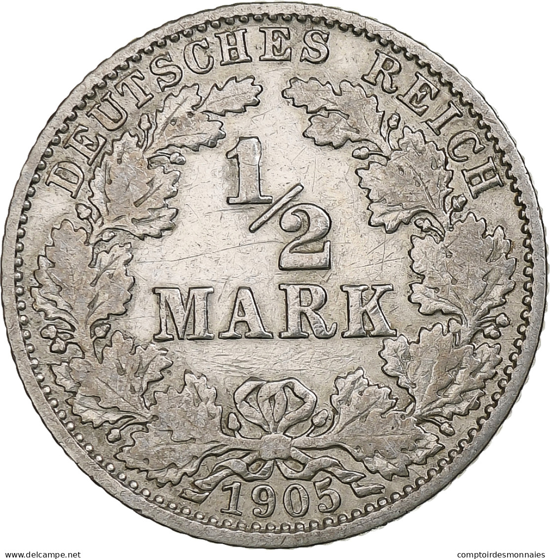 Monnaie, GERMANY - EMPIRE, 1/2 Mark, 1905, Karlsruhe, TB+, Argent, KM:17 - 1/2 Mark