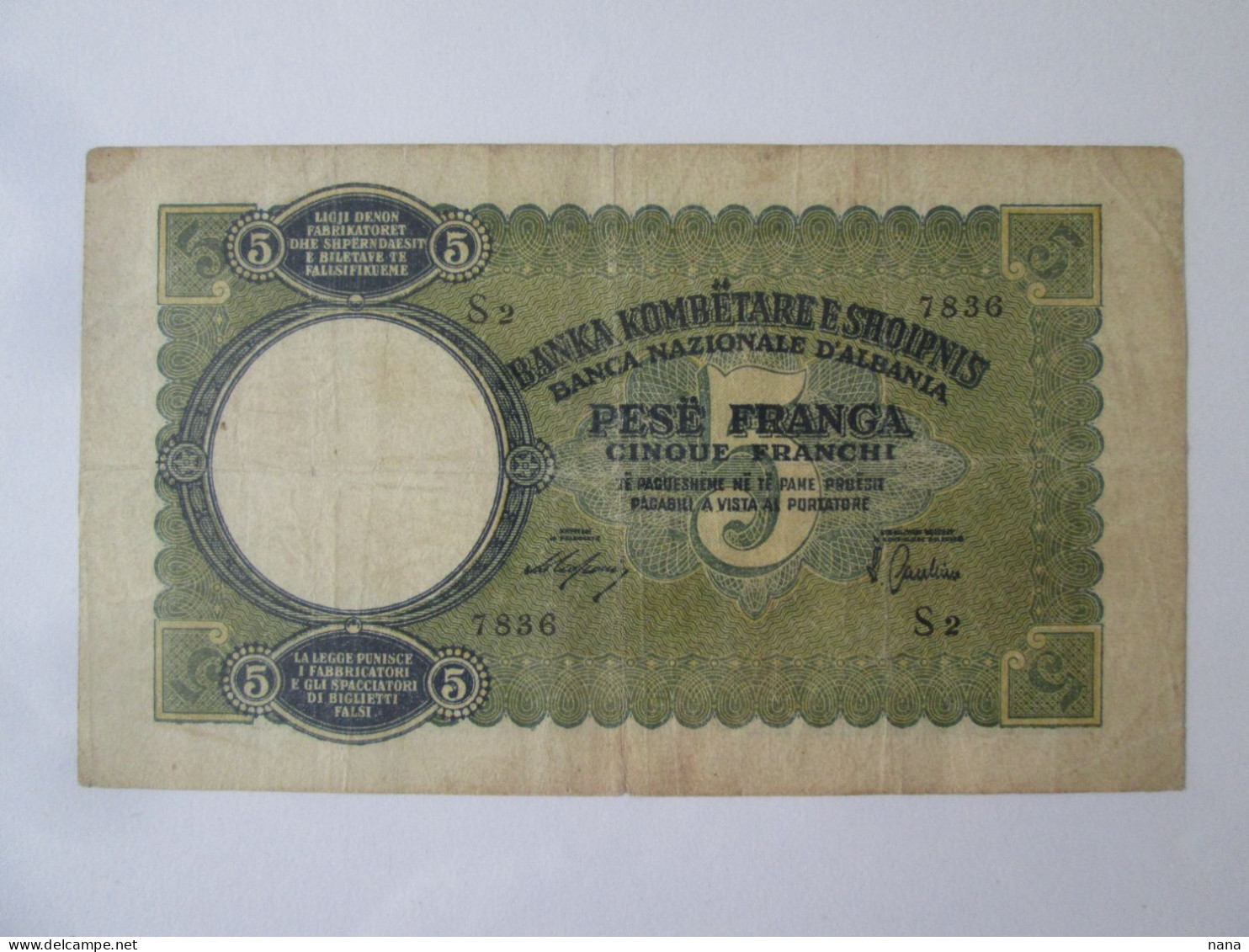 Albania 5 Franga/Franchi 1939 Banknote,see Pictures - Albanië