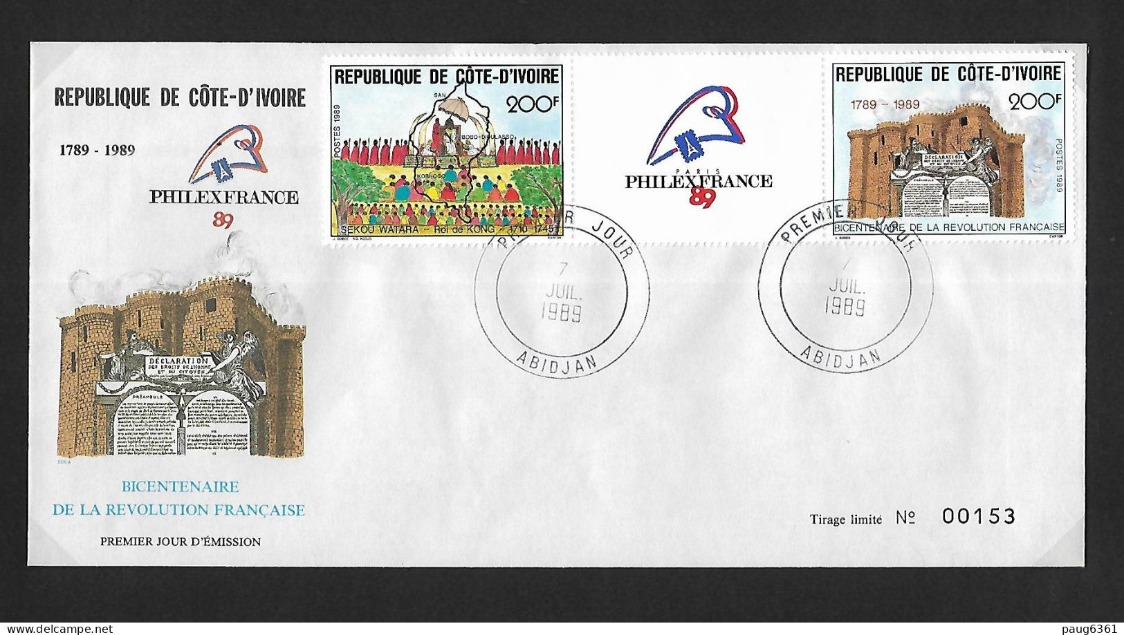 COTE D'IVOIRE 1989 FDC SEKOU WATARA ET REVOLUTION FRANCAISE YVERT N°832A - French Revolution