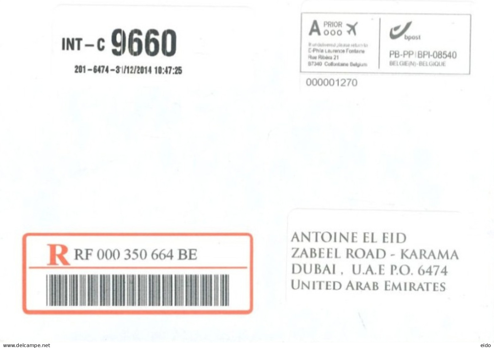 BELGIUM  - 2014, REGISTERED POSTAL LABEL COVER TO DUBAI. - Covers & Documents