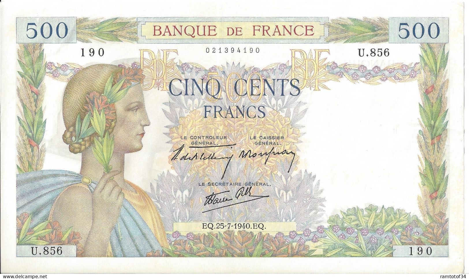 FRANCE - 500 Francs La Paix 25-7-1940 (U.856) - 500 F 1940-1944 ''La Paix''