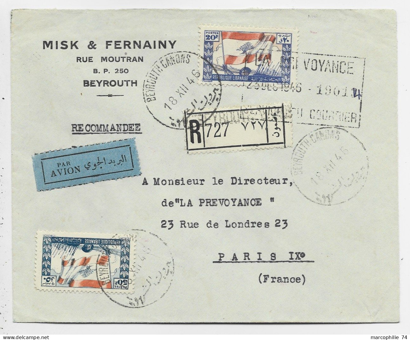 LEBANON LIBAN 20P+50P LETTRE COVER AVION BEYROUTH CANONS 18.XII.1946 TO FRANCE + FISCAL AU DOS - Lebanon