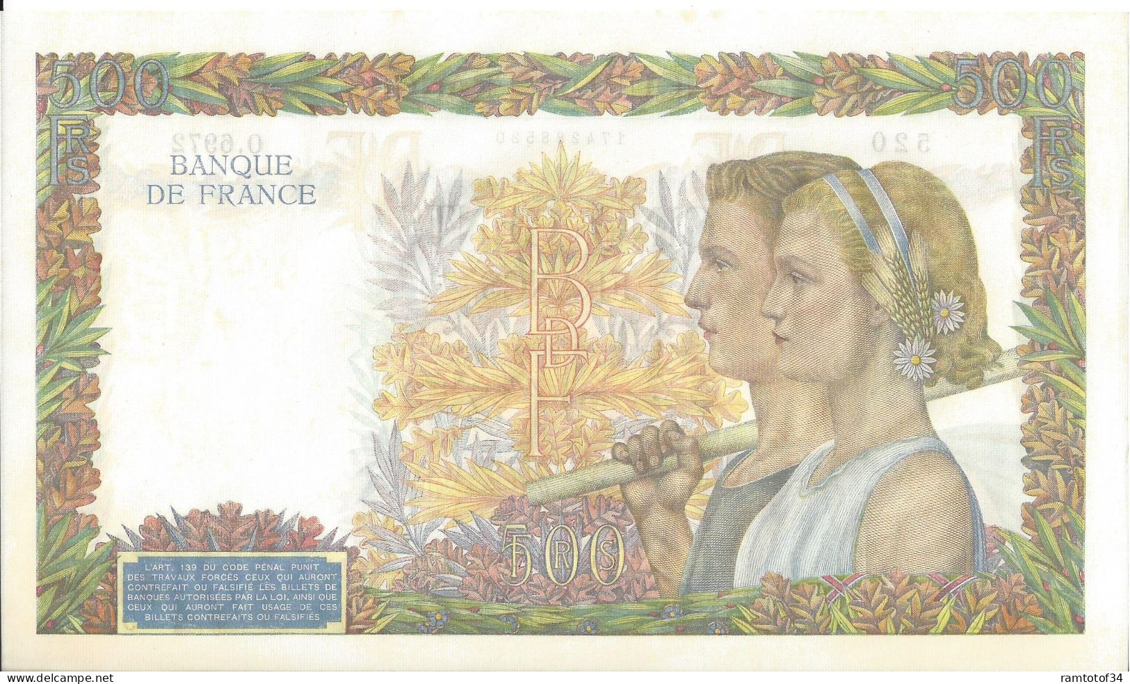 FRANCE - 500 Francs La Paix 1-10-1942 (0.6972) - 500 F 1940-1944 ''La Paix''