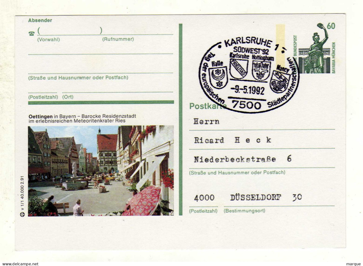 Carte ALLEMAGNE DEUTSCHE BUNDESPOST Oblitération 7500 KARLSRUHE 1 09/05/1992 - Cartes Postales Illustrées - Oblitérées