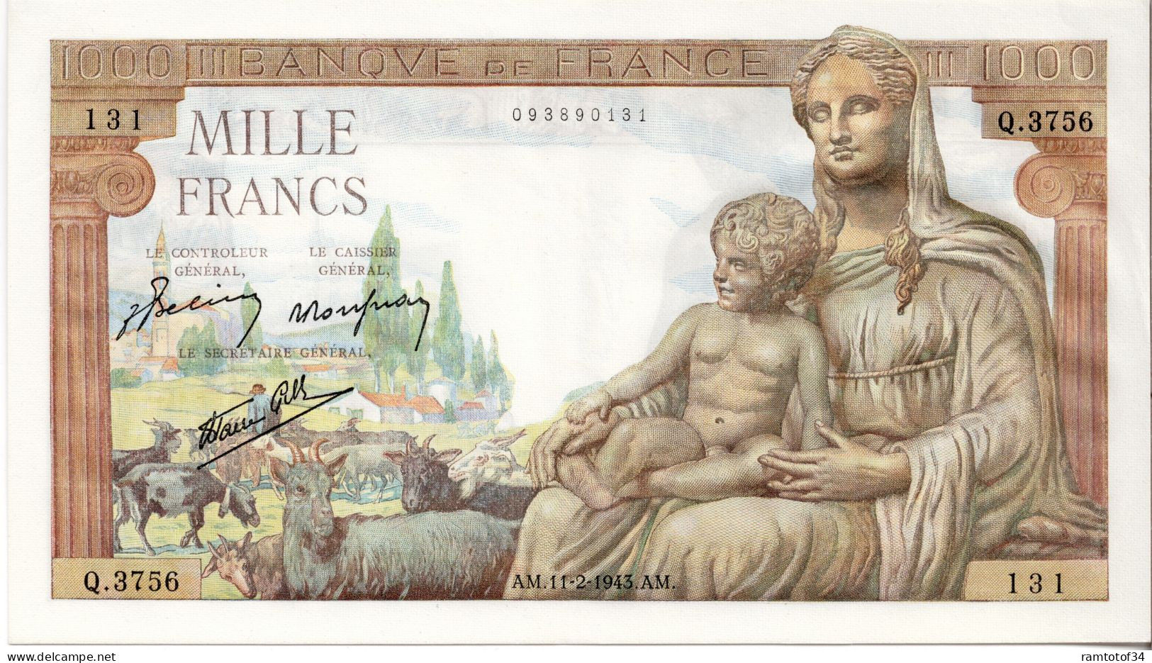 FRANCE - 1000 Francs Déméter 11-2-1943 (Q.3756) - 1 000 F 1942-1943 ''Déesse Déméter''