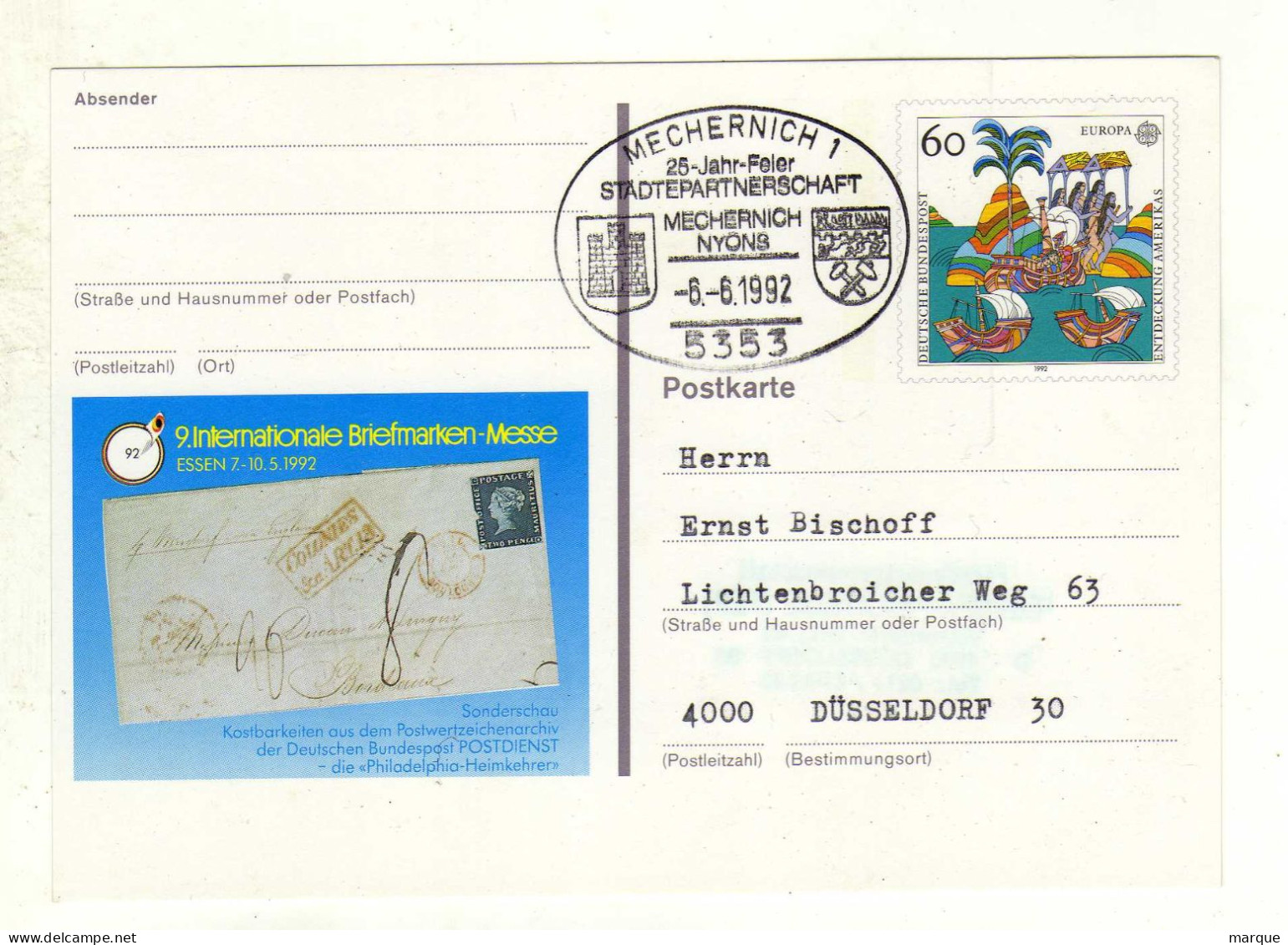 Carte ALLEMAGNE DEUTSCHE BUNDESPOST Oblitération 5353 MECHERNICH 1 06/06/1992 - Cartes Postales Illustrées - Oblitérées