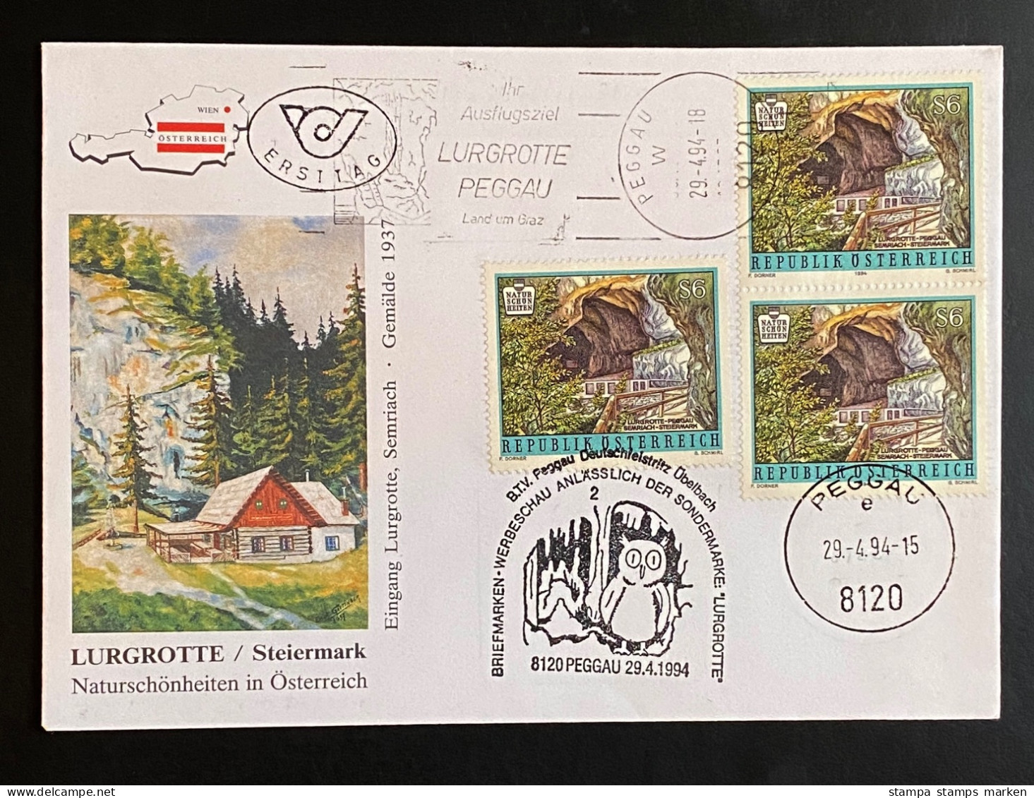 Österreich 1994 Naturschönheiten Mi. 2123 (3x) FDC Schmuckkuvert Handrollstempel PEGGAU + SStmpl./Ortsstempel PEGGAU - Briefe U. Dokumente