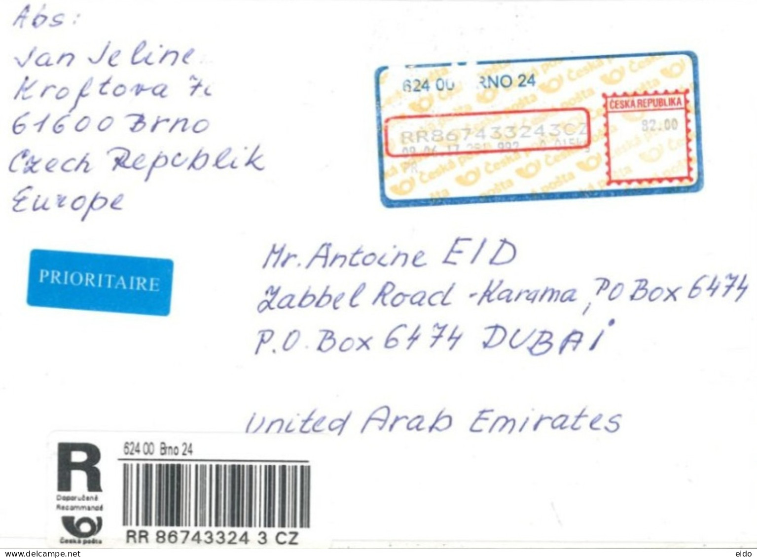 CZECHOSLOVAKIA  - 2017, REGISTERED POSTAL LABEL COVER TO DUBAI. - Briefe U. Dokumente