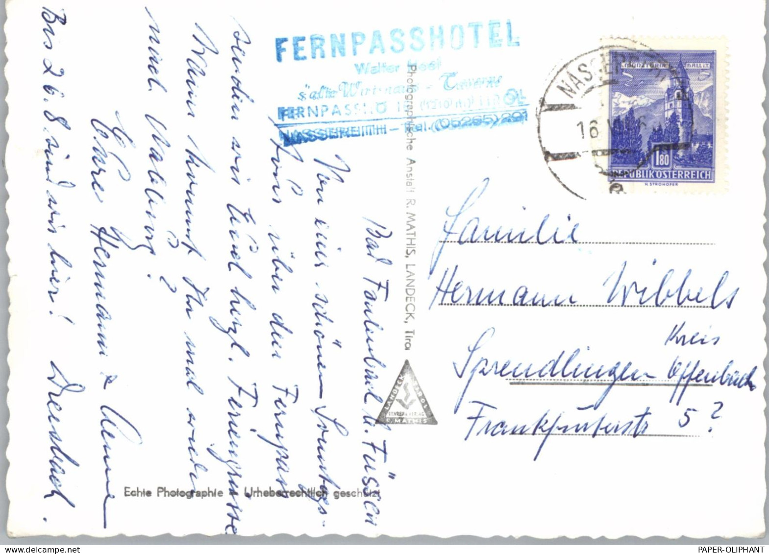 A 6465 NASSEREITH, Heel's Fernpasshotel. 1956 - Imst