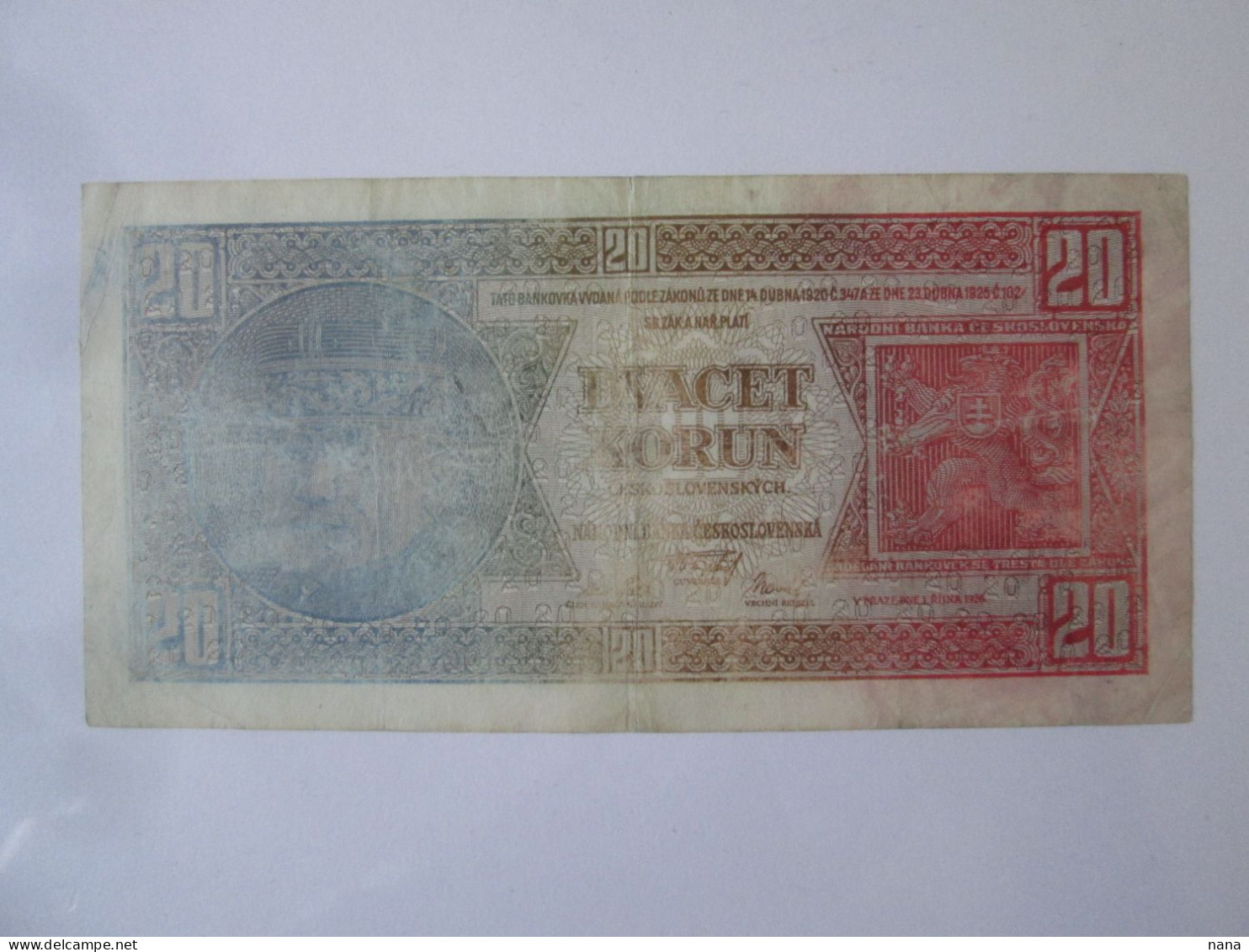 Czechoslovakia 20 Korun 1926 Banknote Bad Grade See Pictures - Czechoslovakia