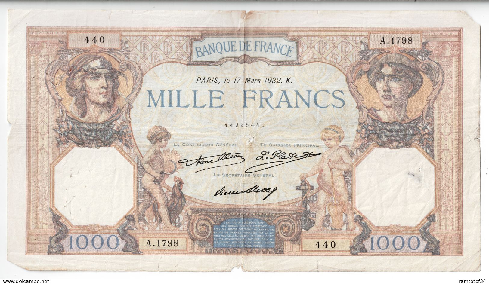 FRANCE - 1000 Francs Cérès Et Mercure 17 Mars 1932 - 1 000 F 1927-1940 ''Cérès Et Mercure''