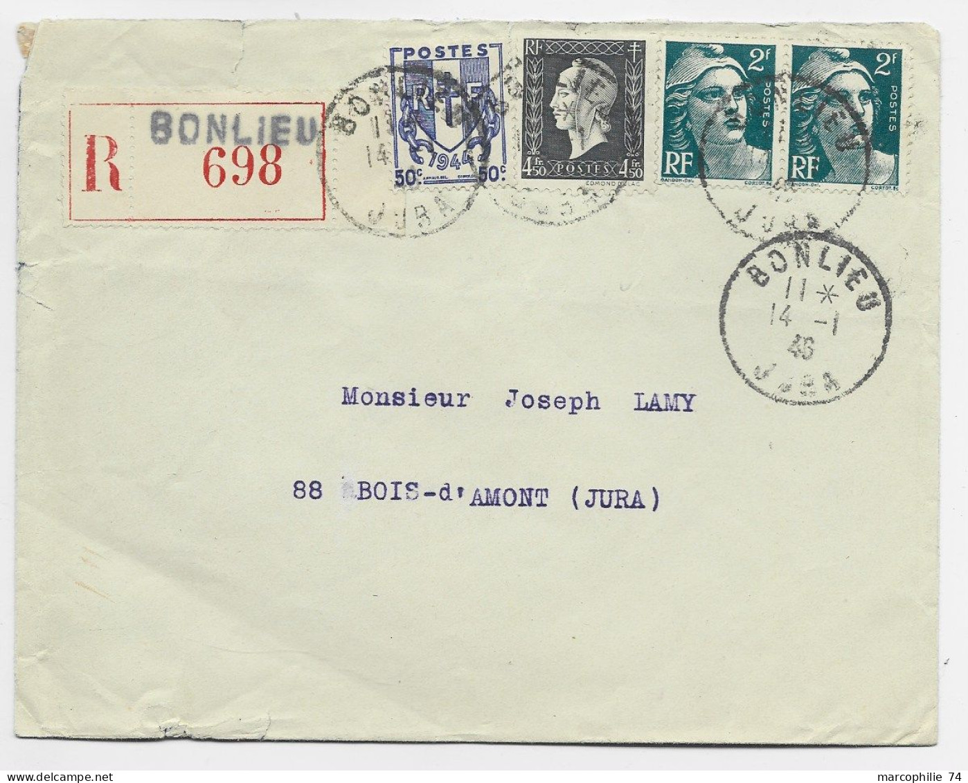 CHAINE 50C + 4FR50 DULAC +2FR GANDON X2 LETTRE REC BONLIEU 14.1.1946 JURA AU TARIF - 1941-66 Wappen