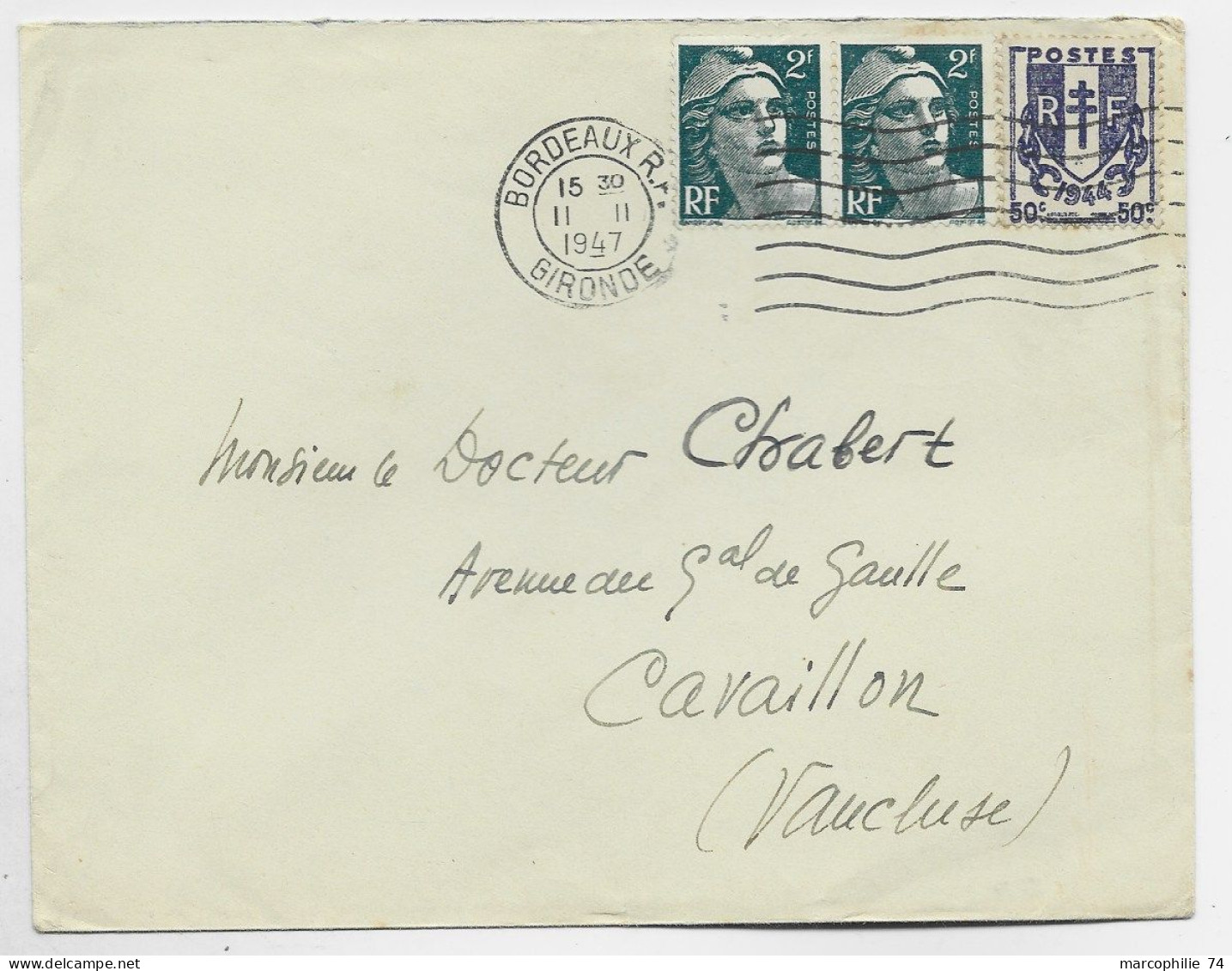 CHAINE 50C 2FR GANDON X2 LETTRE MEC  BORDEAUX II.II.1947  AU TARIF DU 2.1.1947 - 1941-66 Wapenschilden