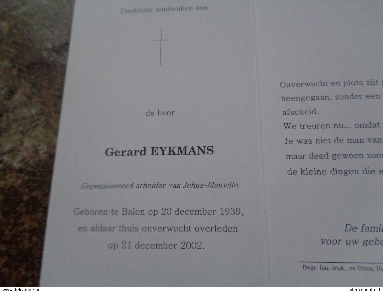 Doodsprentje/Bidprentje   Gerard EYKMANS   Balen 1939-2002 - Religion & Esotérisme