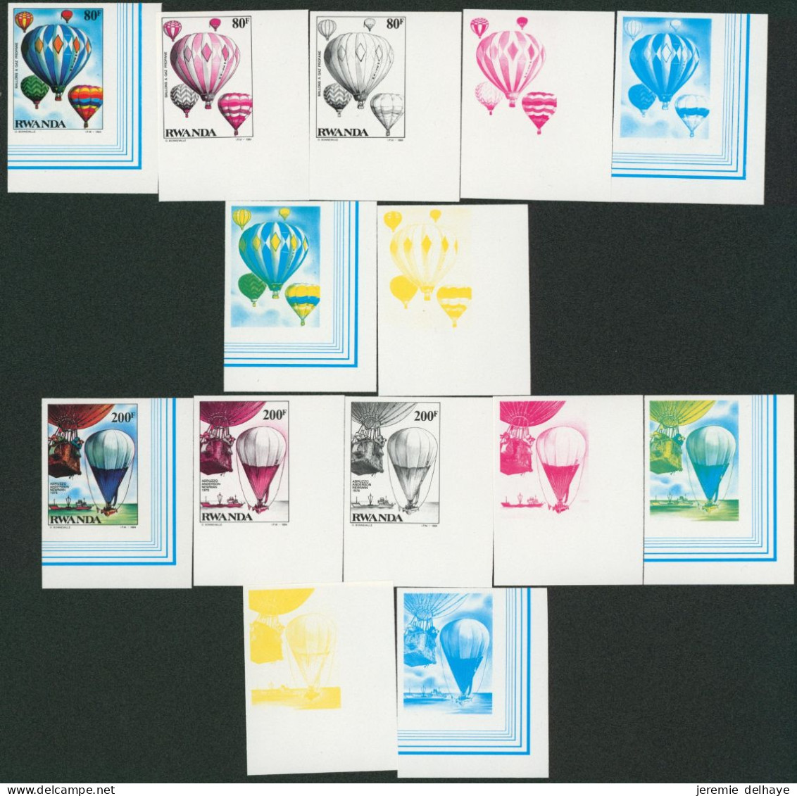 Rwanda (1984) - N°1202/09 Non Dentelé, Complet + 6 états De Couleur Avec Ou Sans Valeur Faciale / Ballons, Montgolfière - Unused Stamps