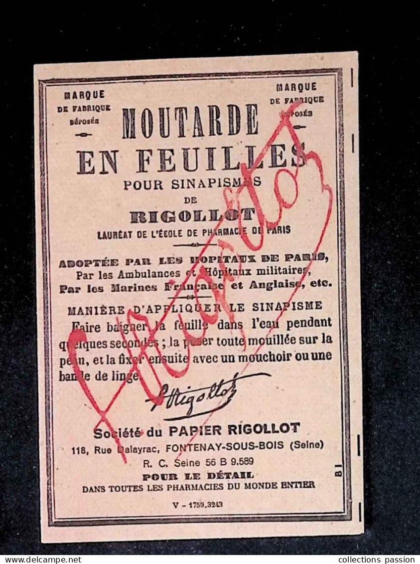 Publicité, Moutarde En Feuilles Pour Sinapismes De RIGOLLOT, Fontenay Sous Bois, 2 Scans - Pubblicitari