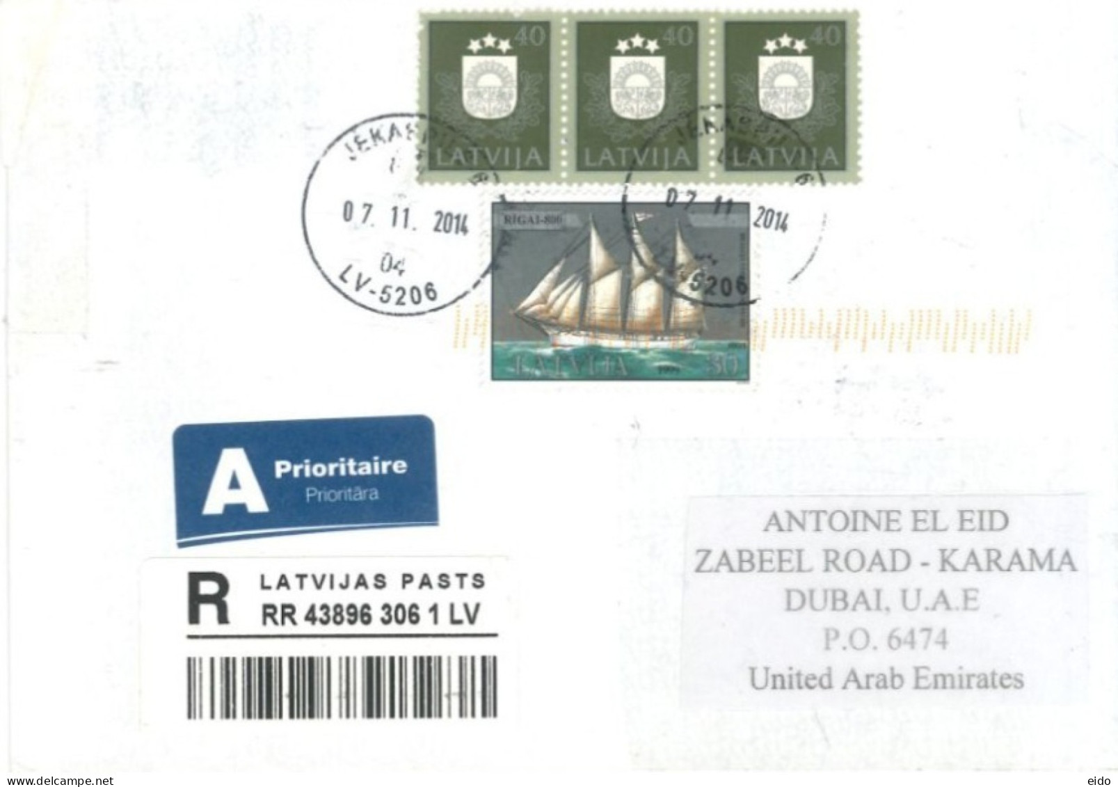 LATVIA  - 2014,  REGISTERED STAMPS COVER TO DUBAI. - Lettonie