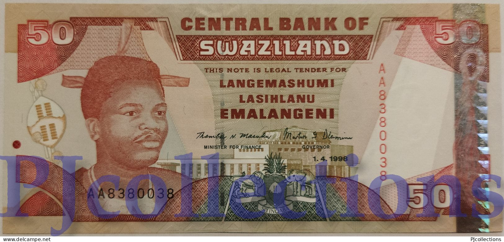 SWAZILAND 50 EMALANGENI 1998 PICK 26b UNC GOOD SERIAL NUMBER "AA8380038" - Swasiland