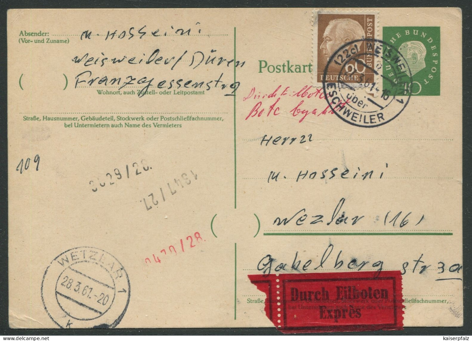 10.161) MiNr.: P 37 - Mit Heus II 60 - Weisweiler -Pst.II - Postkarten - Gebraucht